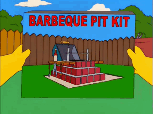 A gif of a cartoon. The viewer's point of view shows a pristine DIY barbecue kit, which is lowered to reveal a mangled poorly constructed version in a back garden. The point of view switches so we are looking at Homer Simpson, he wails in despair at the mess he's made of the barbecue.